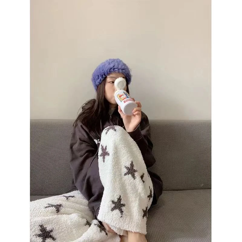 星星印花长毛珊瑚绒睡裤女加厚秋冬新款休闲居家裤冬天可外穿裤子