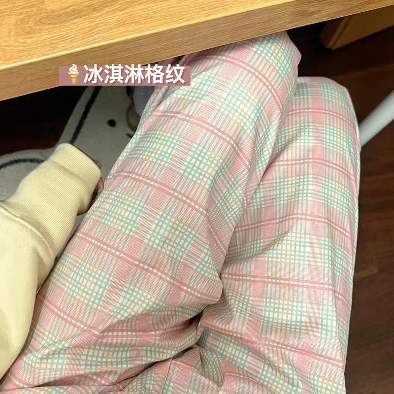 遛弯裤! 春秋新款冰淇淋格子睡裤女夏季外穿长裤宽松居家休闲裤子