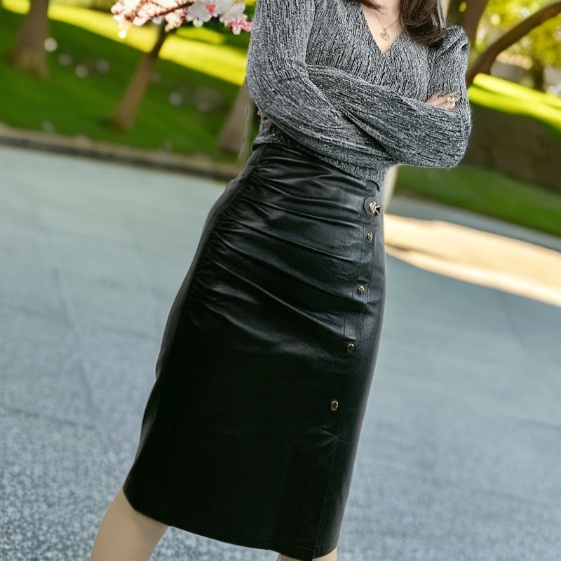 恩邦佰圣修身显瘦洋气包臀真皮绵羊皮半身裙高腰皮裙秋冬秋季黑色