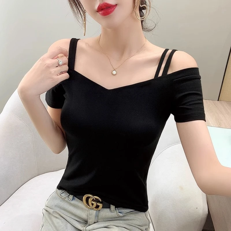 黑色一字肩上衣女短袖t恤露肩性感修身夏季别致设计感小众洋气