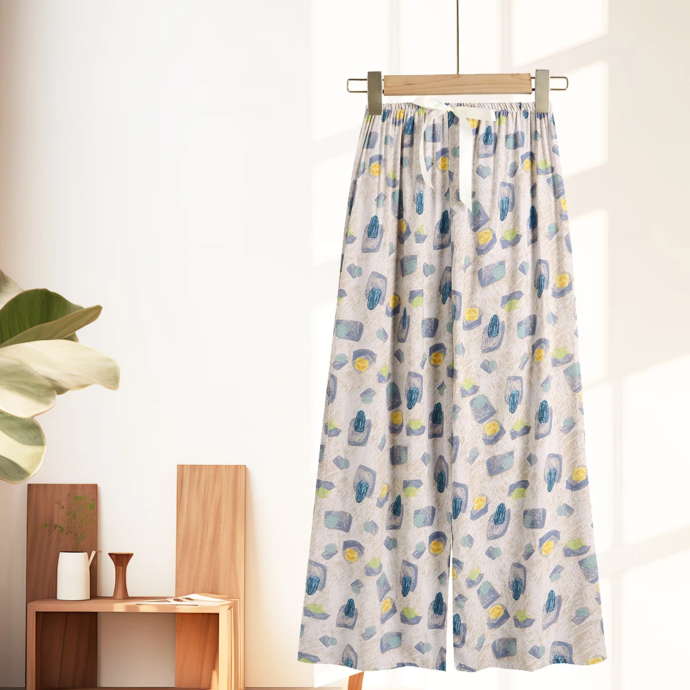 新款棉绸阔腿裤女夏季薄款透气九分防蚊裤沙滩裤百搭休闲家居裤