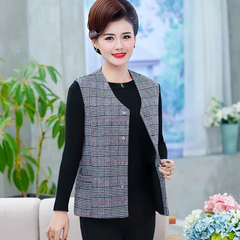 中老年女士马甲大码妈妈马甲春秋款宽松气质马夹格子开衫背心