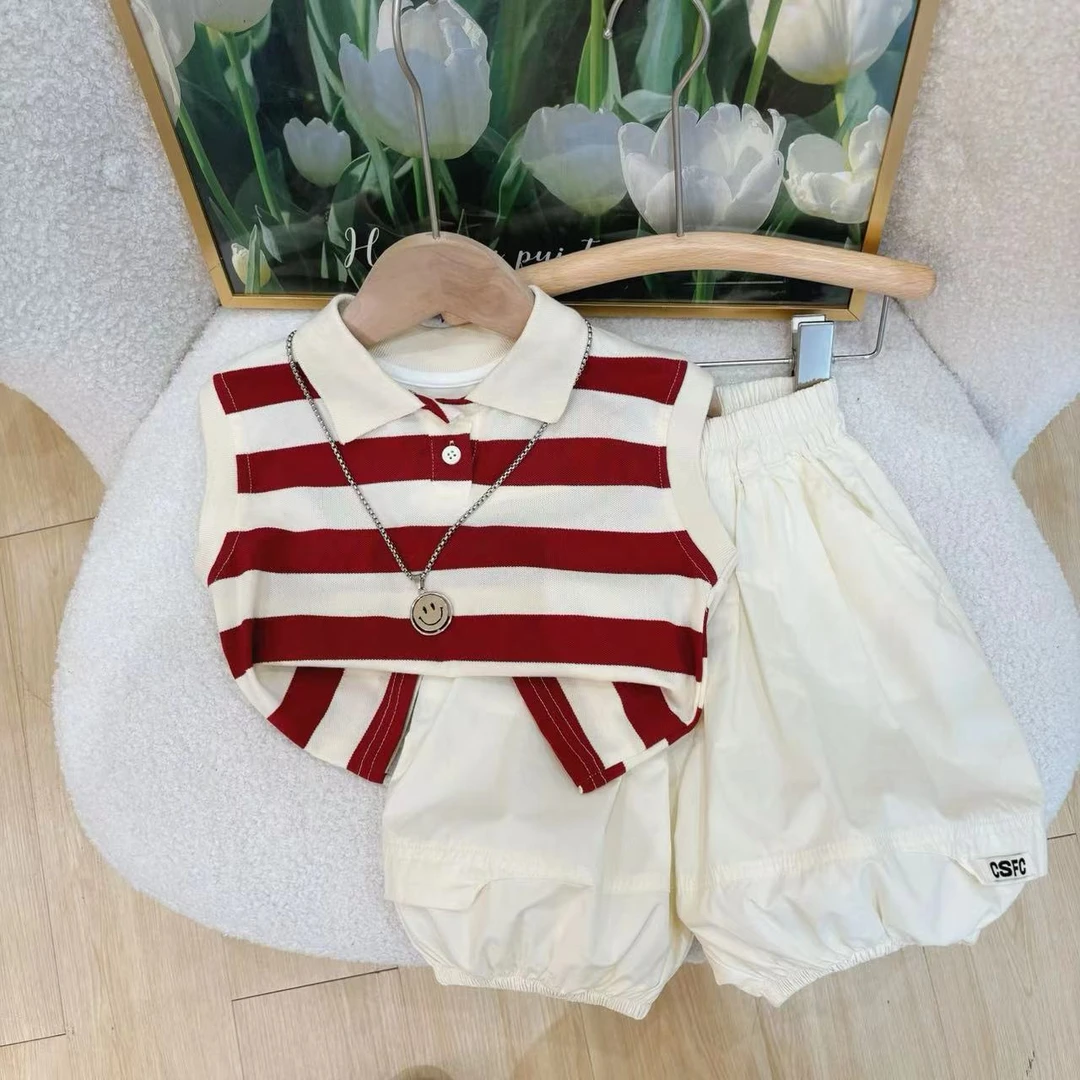 夏季新款儿童韩版纯色小韩标五分裤+POLO背心套装