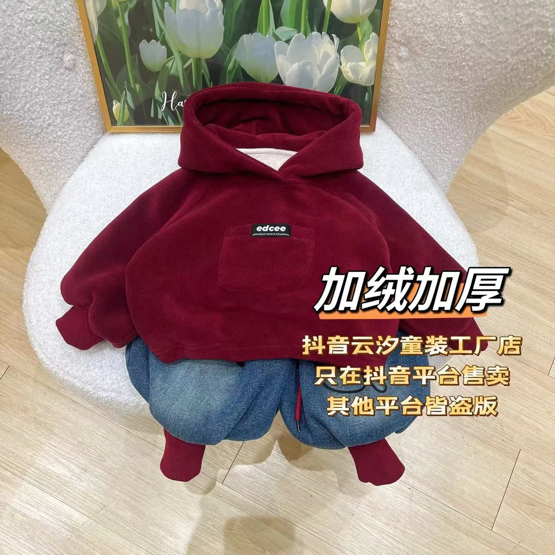 新款安可拉红色小口袋加绒加厚卫衣+牛仔加绒小脚灯笼裤套装