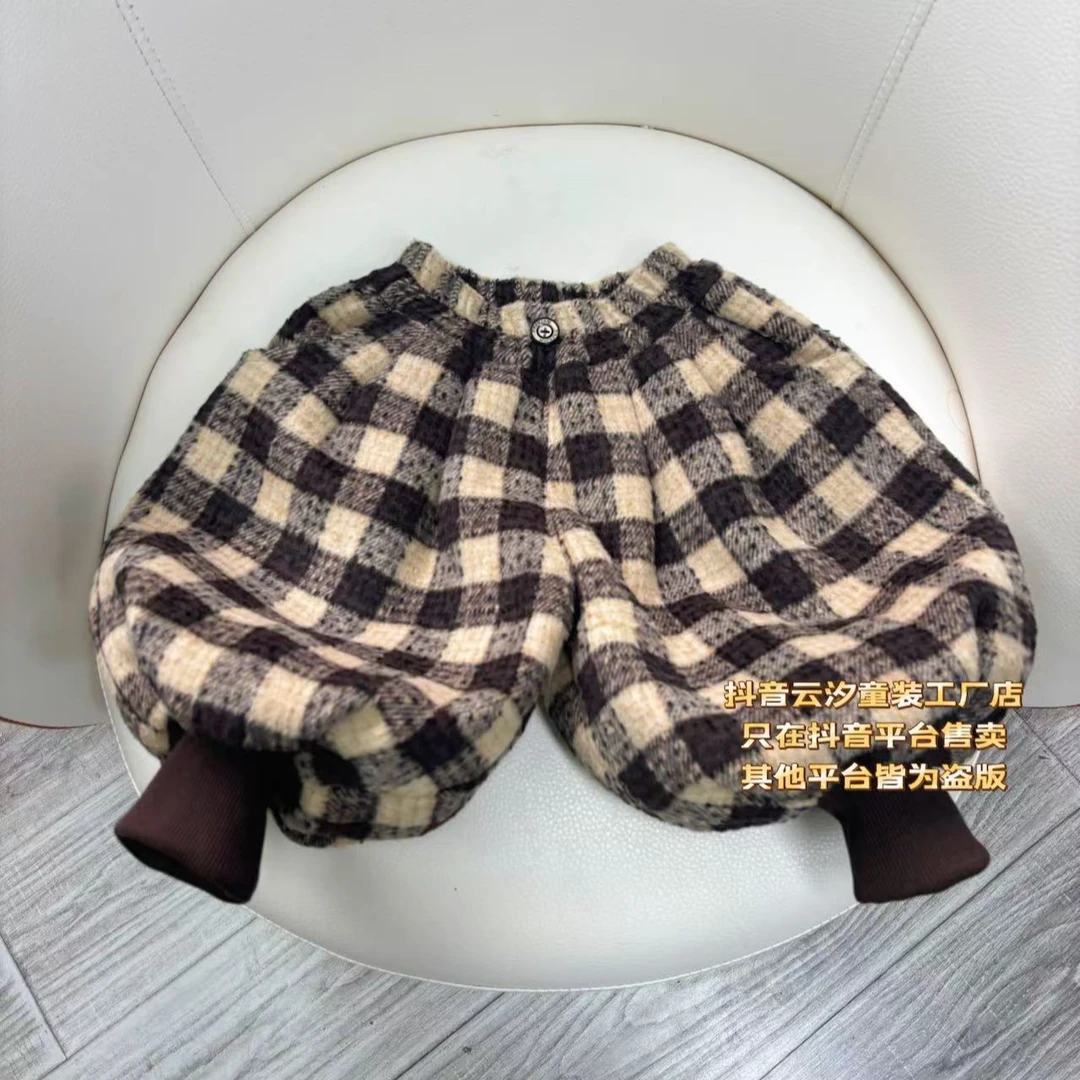 冬季新款韩版洋气百搭加绒加厚方块格子小灯笼裤