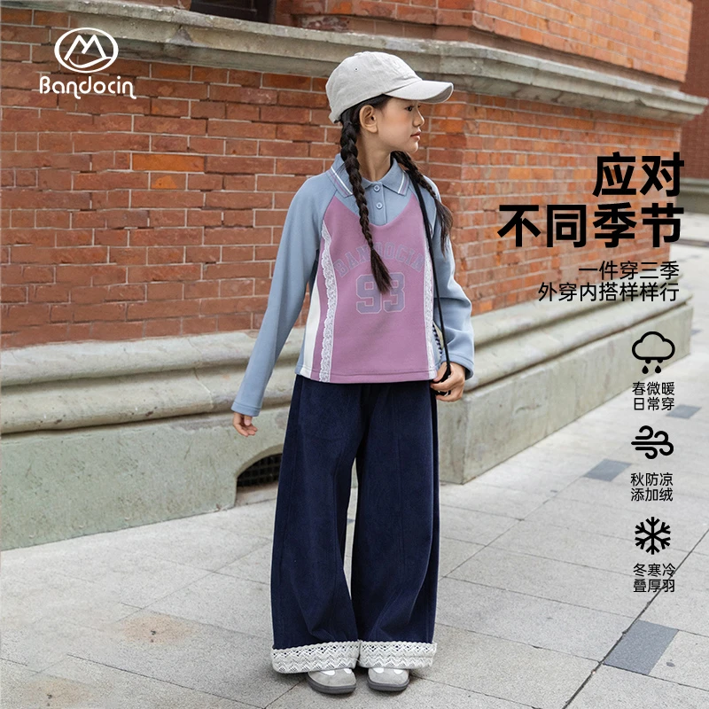 BANDOCIN/半度闲女童蕾丝Polo领长袖T恤秋冬少女风休闲时尚打底衫