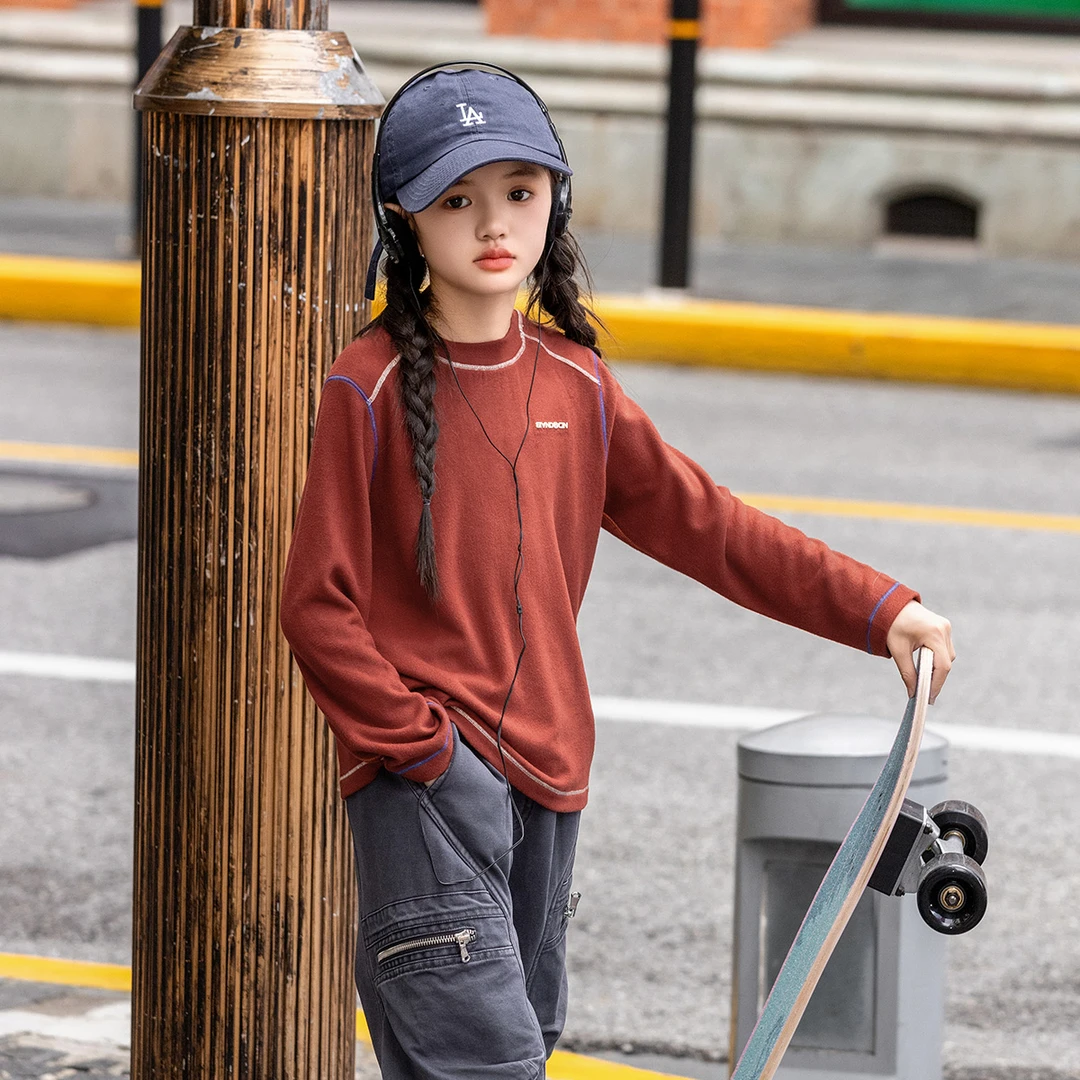 BANDOCIN/半度闲女童长袖T恤2025年年服时尚户外圆领加厚打底上衣