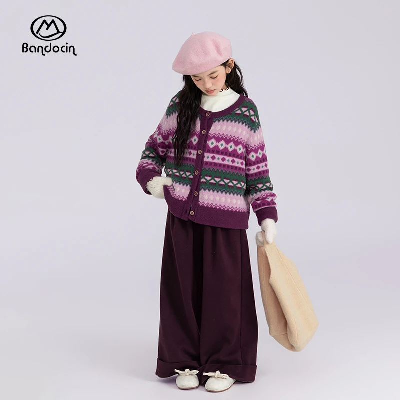 BANDOCIN/半度闲复古冰岛毛衣三件套女童时尚冬季针织衫圆领套装