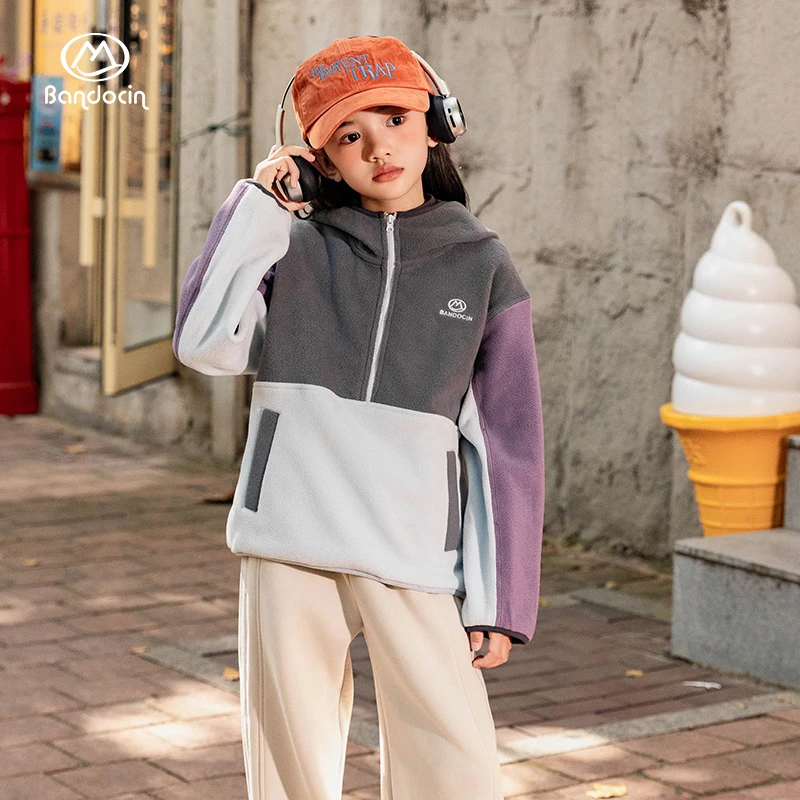 BANDOCIN/半度闲户外秋冬女童开襟连帽抓绒衣保暖拼接潮休闲外套
