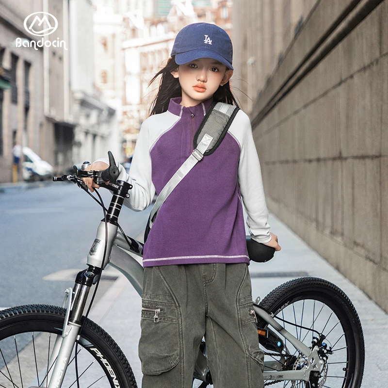 BANDOCIN/半度闲潮牌撞色半开立领T恤女童冬装拜年服休闲加厚上衣