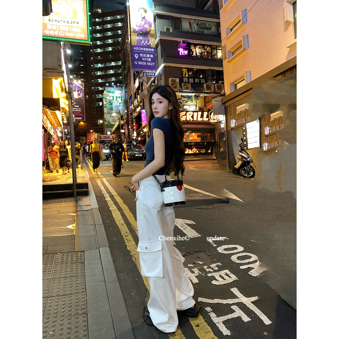 何晨曦 美式复古高腰直筒口袋工装裤女白色宽松垂感阔腿裤T0189K