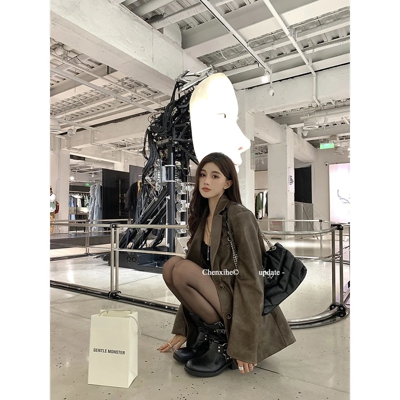 何晨曦 复古棕色皮衣西装外套女秋季韩版宽松显瘦上衣 TP09311