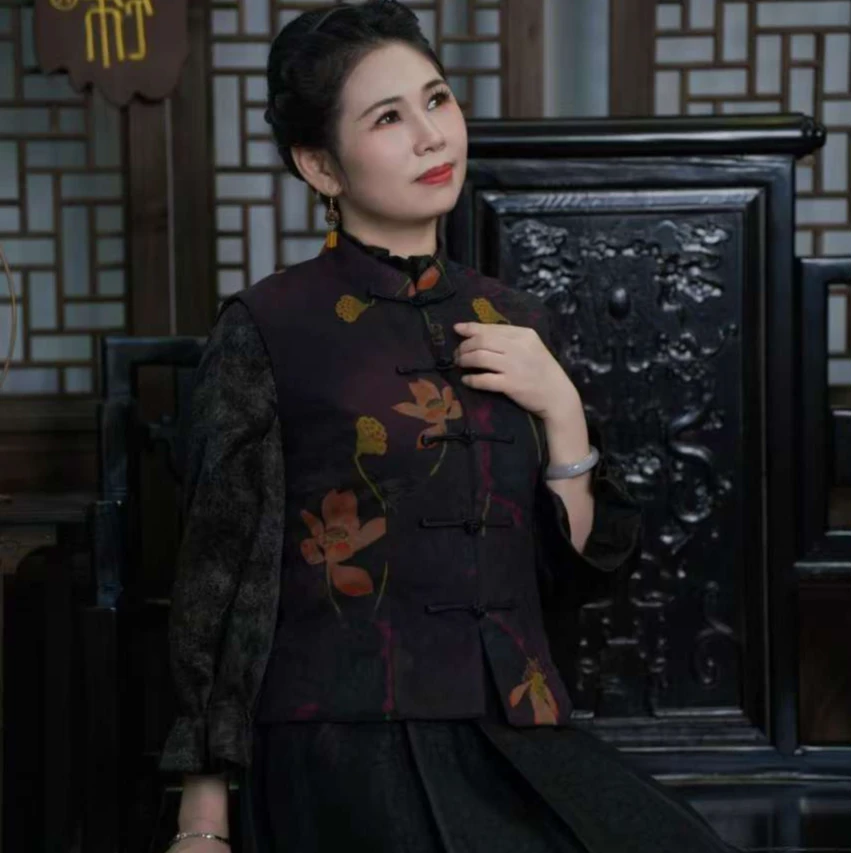 祥安姿服饰香云纱19周年限量回馈款双面双穿棉马甲（荷花）C364082