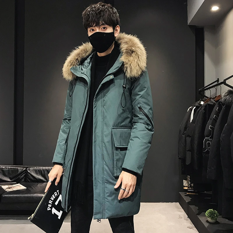 传奇保罗冬季羽绒服男中长款白鸭绒连帽外套加厚保暖毛领工装大衣