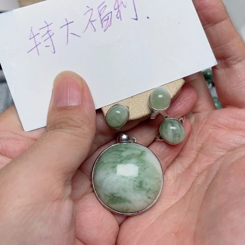 透闪石-蛇纹石玉颈饰姐耳环加戒指银S925镶嵌