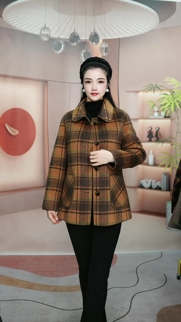 05新款手工缝制100%羊毛加厚大衣外套妈妈装杏色格子时尚秋冬