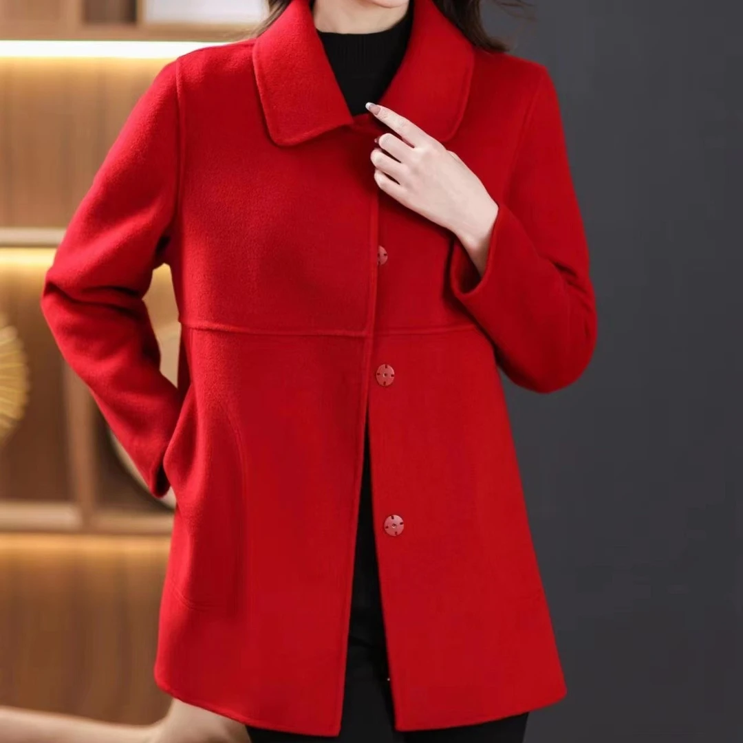 100%羊毛双面呢翻领大衣外套高定短款妈妈装秋冬显瘦长袖