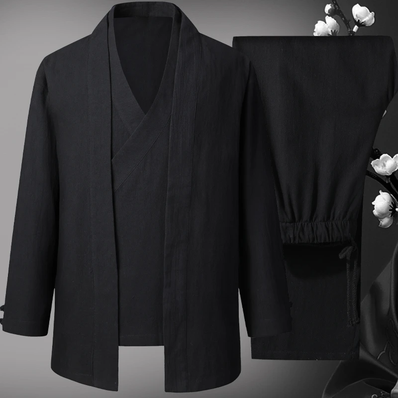 新男士汉服套装中国风唐装古装居士春秋长袖开衫棉麻日系休闲