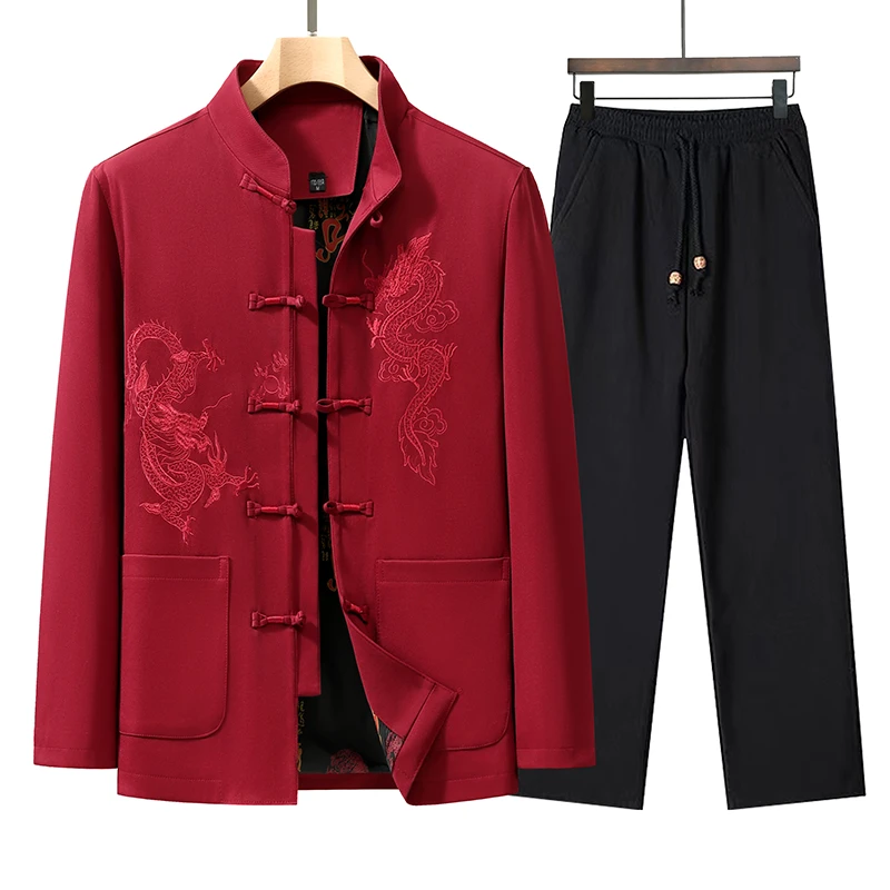 中国风男士刺绣套装本命年 婚宴爸爸装中式唐装男士休闲夹克