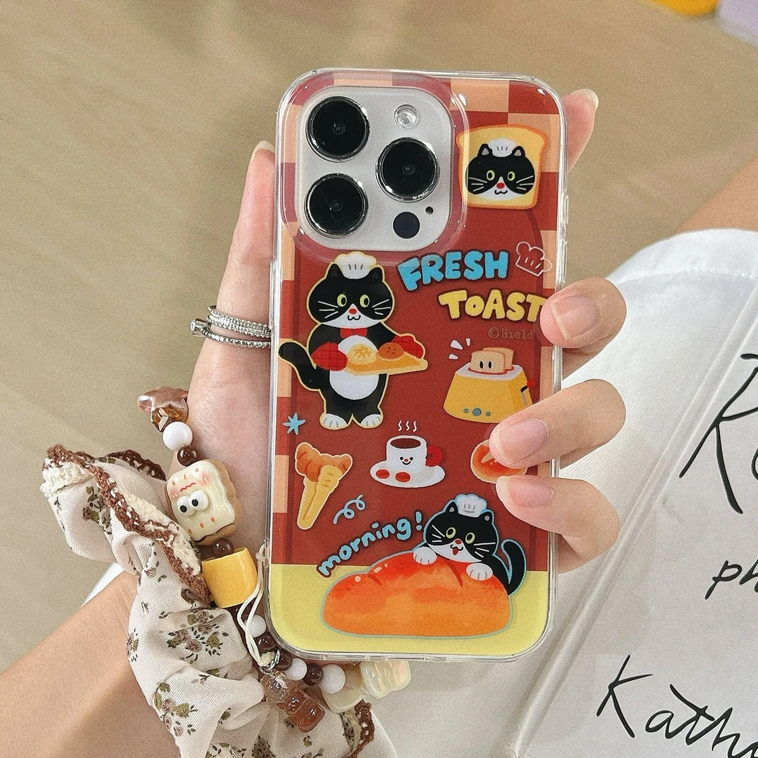趣味吐司黑猫适用苹果13手机壳iphone14全包防摔15promax可爱外壳