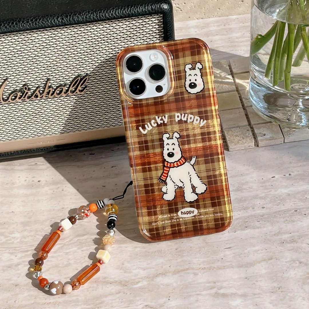 高颜值格纹小狗适用苹果16promax手机壳iphone15全包防摔13可爱14