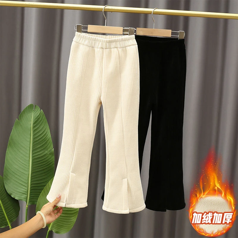 女童裤子秋冬季加绒加厚2023新款儿童洋气灯芯绒小女孩休闲喇叭裤