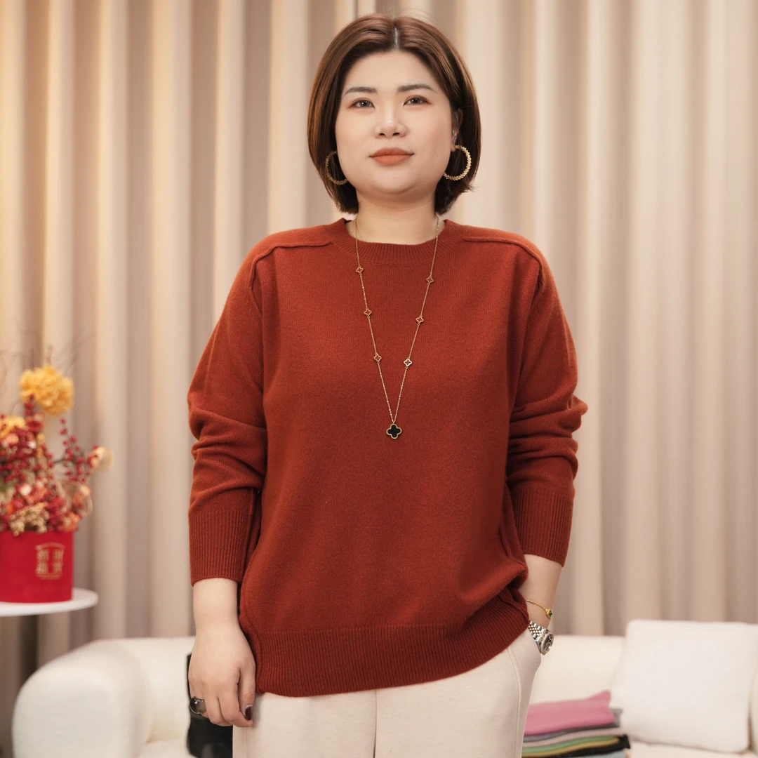 新款女圆领百搭针织衫女士纯色绒衫打底衫毛衣长袖大码羊毛衫5779