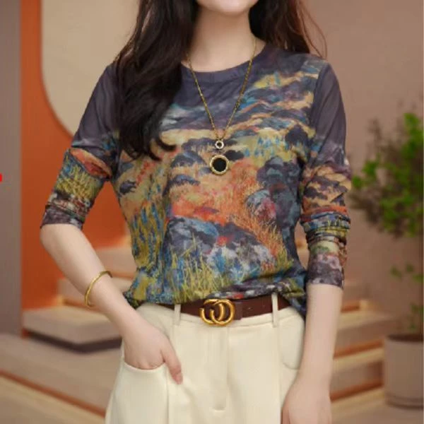 2023秋季透气双层高级百搭套头洋气外穿新款肌肤网纱上衣小衫