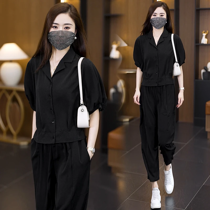 休闲运动套装2024夏季新款减龄洋气时尚显瘦气质衬衫哈伦裤两件套