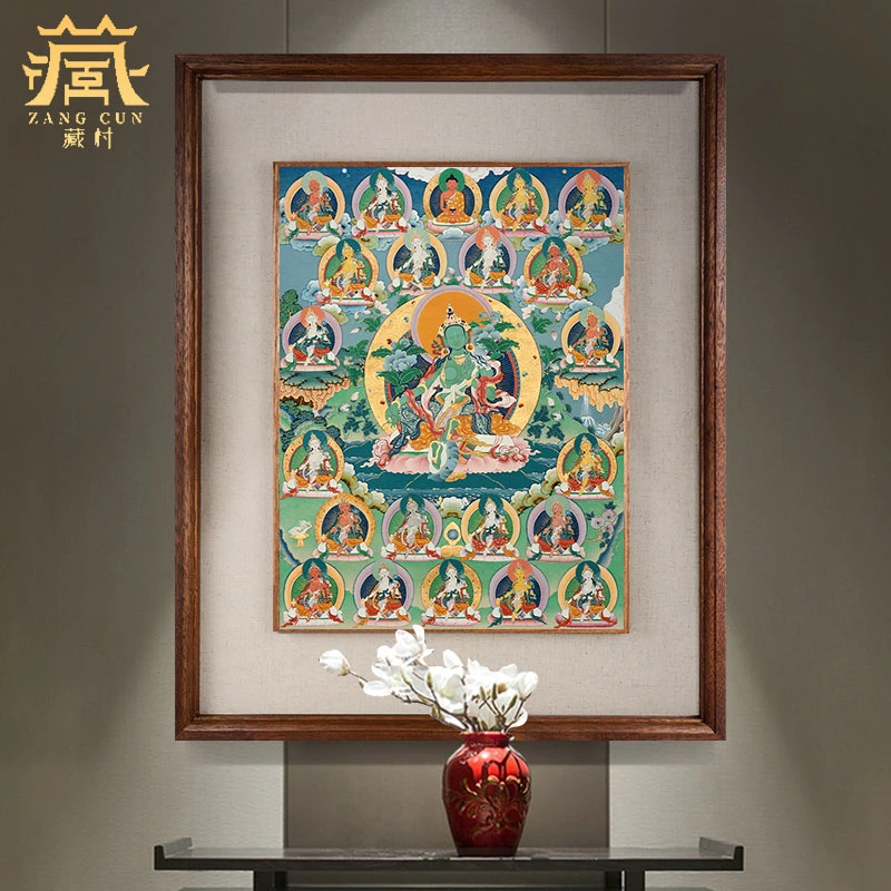 藏村手绘《绿度母唐卡》挂画 居家客厅走廊玄关装饰画恩珠大师绘制