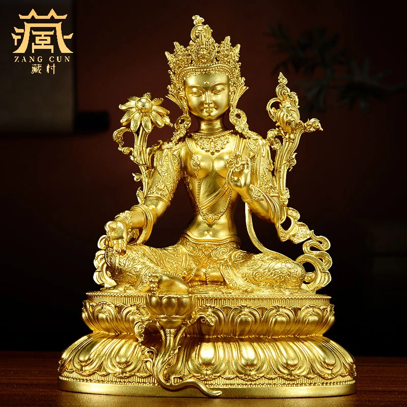 藏村全鎏金《绿度母铜像摆件》小巧便携带工艺品铜雕办公室桌面摆饰