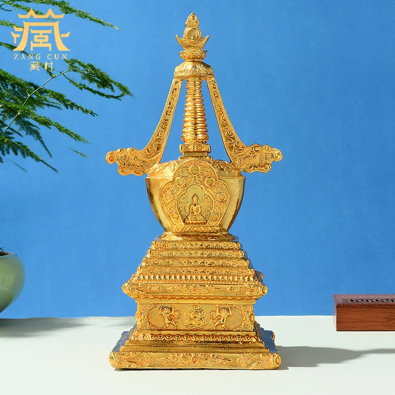 藏村鎏金塔子铜摆件居家玄关手工艺铜雕摆饰中式《菩提塔》桌面装饰