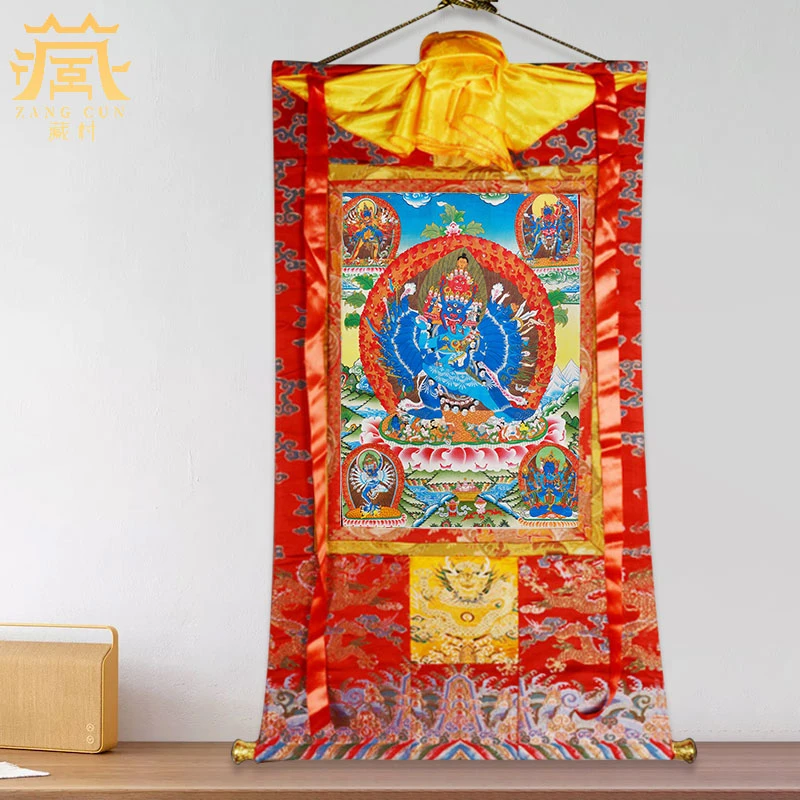 藏村藏族《大威德金刚唐卡》矿物颜料藏式背景墙玄关装饰画现货