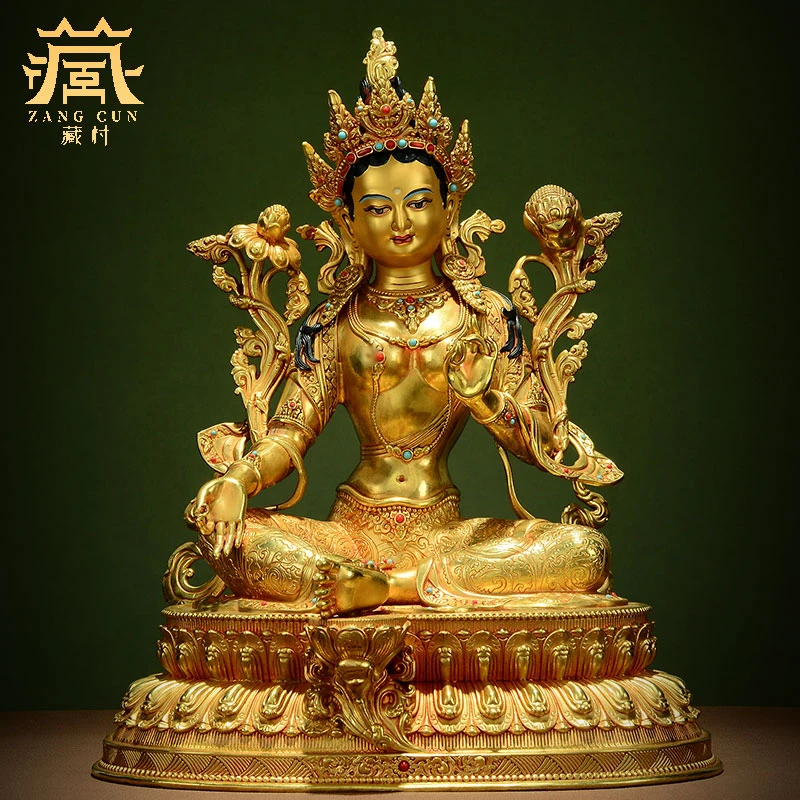 藏村全鎏金《绿度母》铜像摆件居家茶室玄关客厅《度母》铜雕桌面摆饰