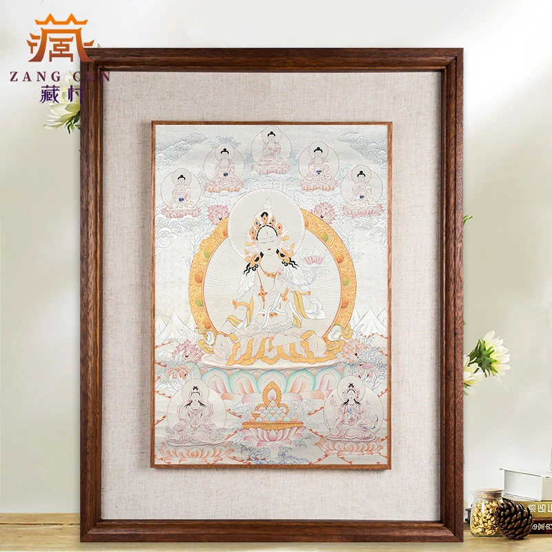 藏村《白度母唐卡》实木装饰画银卡藏式唐卡挂画尼泊尔手绘唐卡