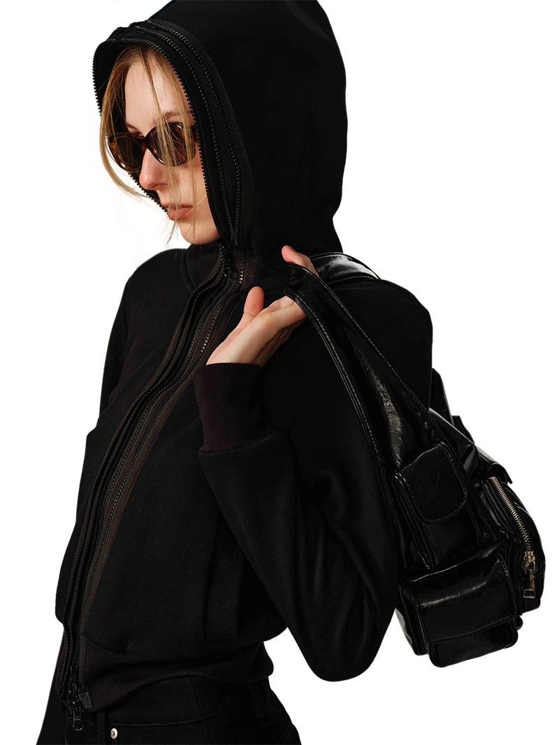 AGHANIM 短款修身三重拉链连帽卫衣长小众袖针织时尚简约运动休闲