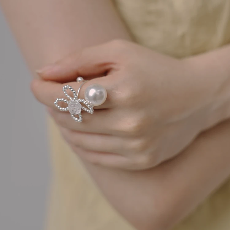 JINWAN 925银仿珍珠戒指 《典礼》玫瑰环绕925银可调节戒指