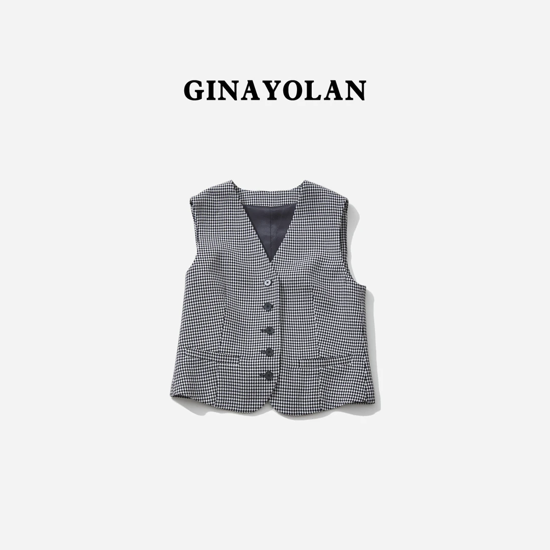 GINAYOLAN/瑾颜【设计师系列】”经典黑白格“气质精致休闲马甲