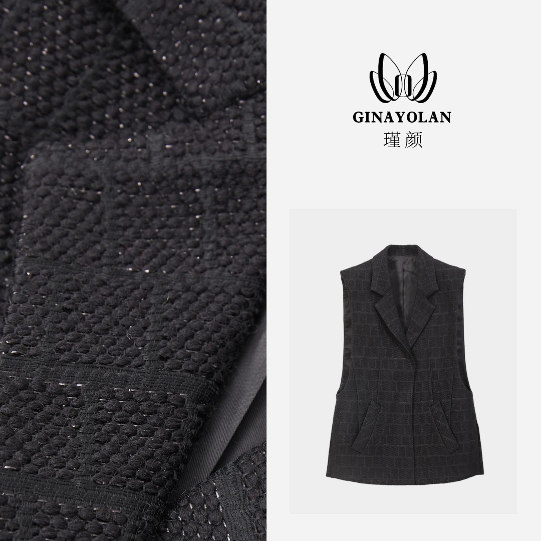 GINAYOLAN/瑾颜 【私服系列】秋冬时尚格纹翻领显瘦中长马甲