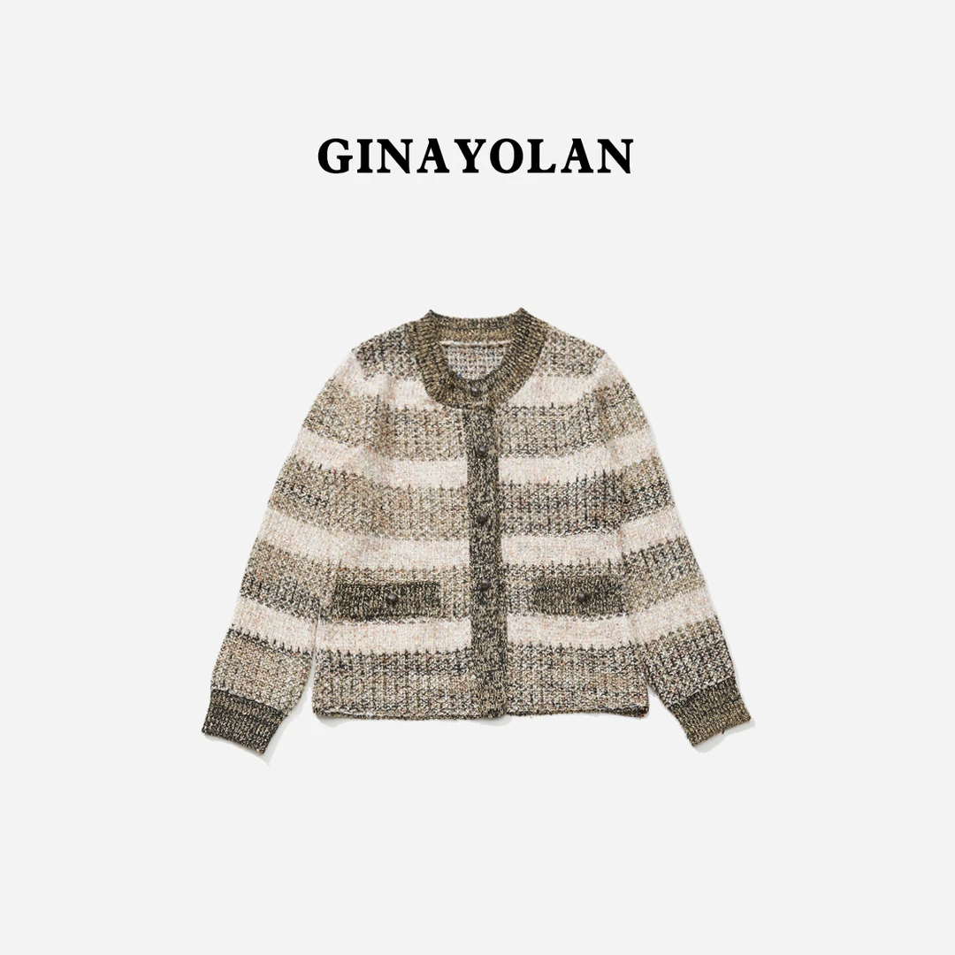 GINAYOLAN/瑾颜【设计师系列】针织时尚休闲格纹粗花呢复古毛衣女士
