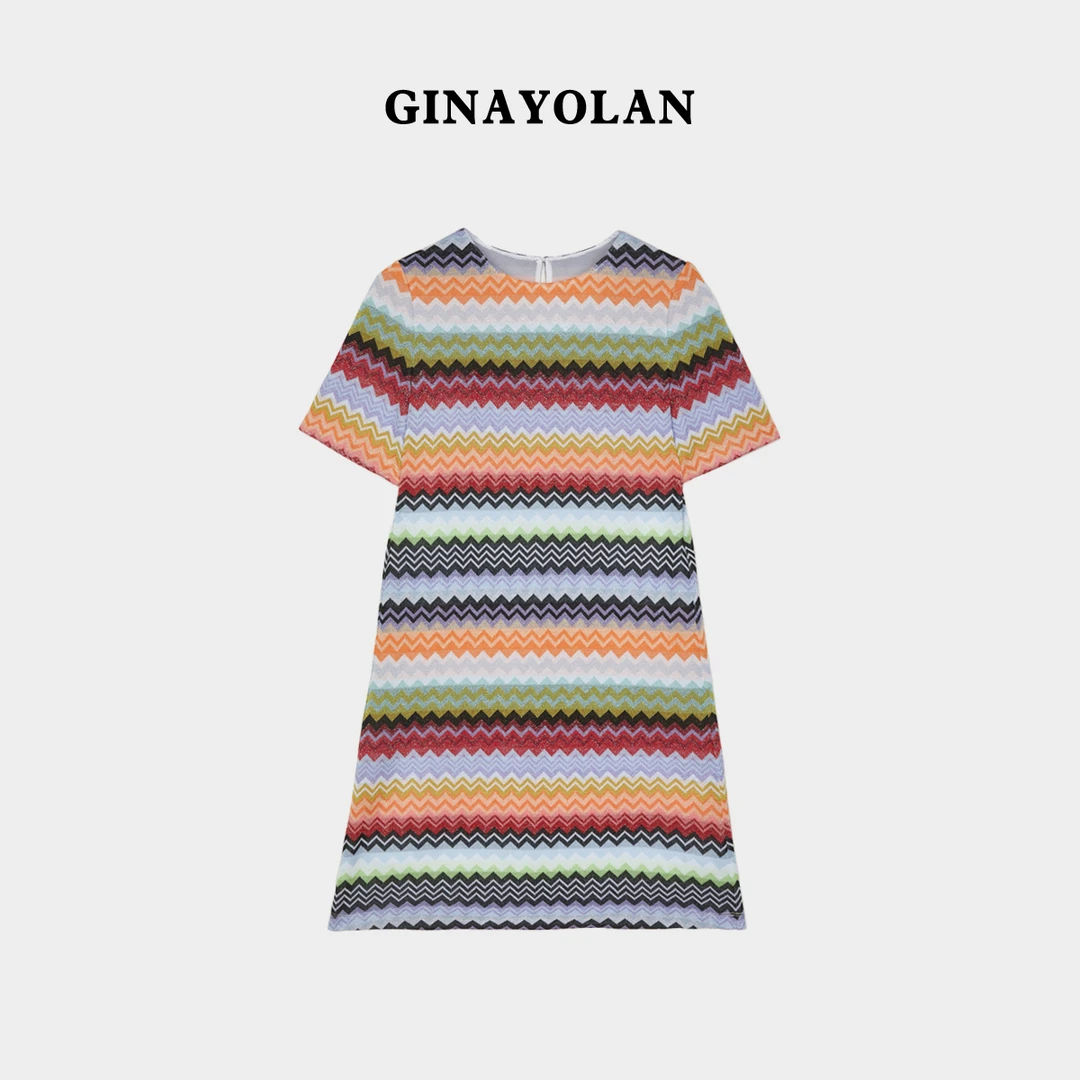GINAYOLAN/瑾颜【霓虹】人字纹针织高档连衣裙夏季轻奢女装短袖裙子