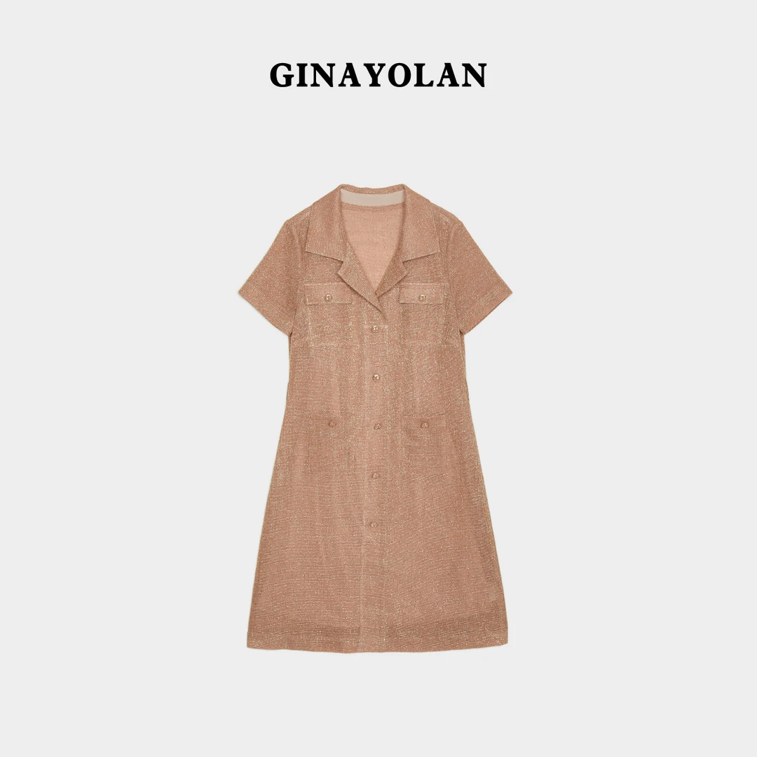 GINAYOLAN/瑾颜【设计师系列】金棕色亮闪连衣裙显瘦奢华面料气质女
