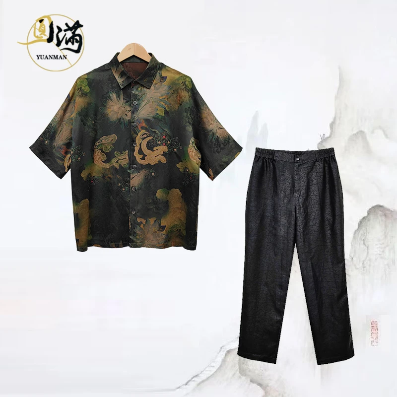 [圆满香云纱]桑蚕丝重锻暗纹红云纱花卉宽松衬衫长裤套装