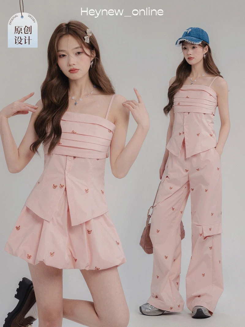 【只有裤子！】粉色少女甜心喵咪吊带半身裙夏季小个子休闲裤-4X226