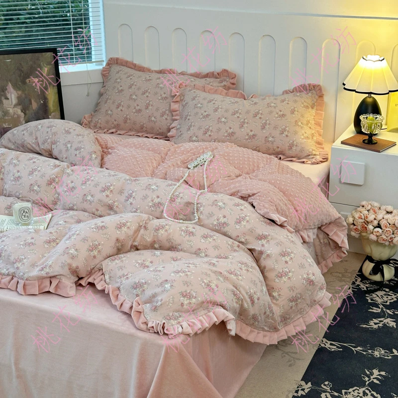 A类母婴级秋冬加厚花边款棉加绒全棉双层纱豆豆绒四件套居家床品