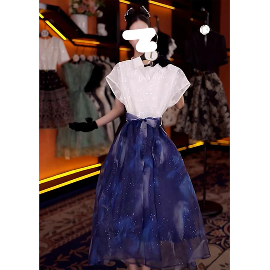 法式气质名媛高端精致女神范轻奢高级感正式场合蓝色拼接连衣裙夏