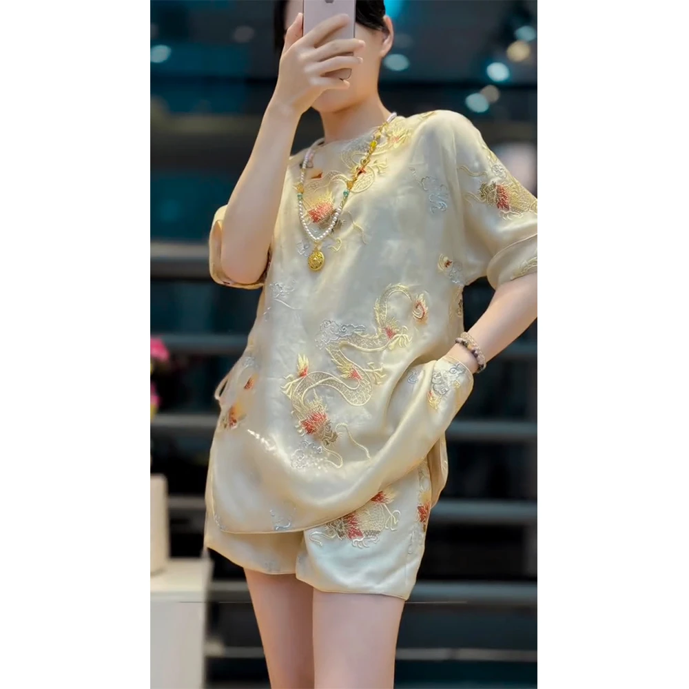 新中式国风女装减龄穿搭一整套时尚刺绣衬衫短裤套装2025新款夏款