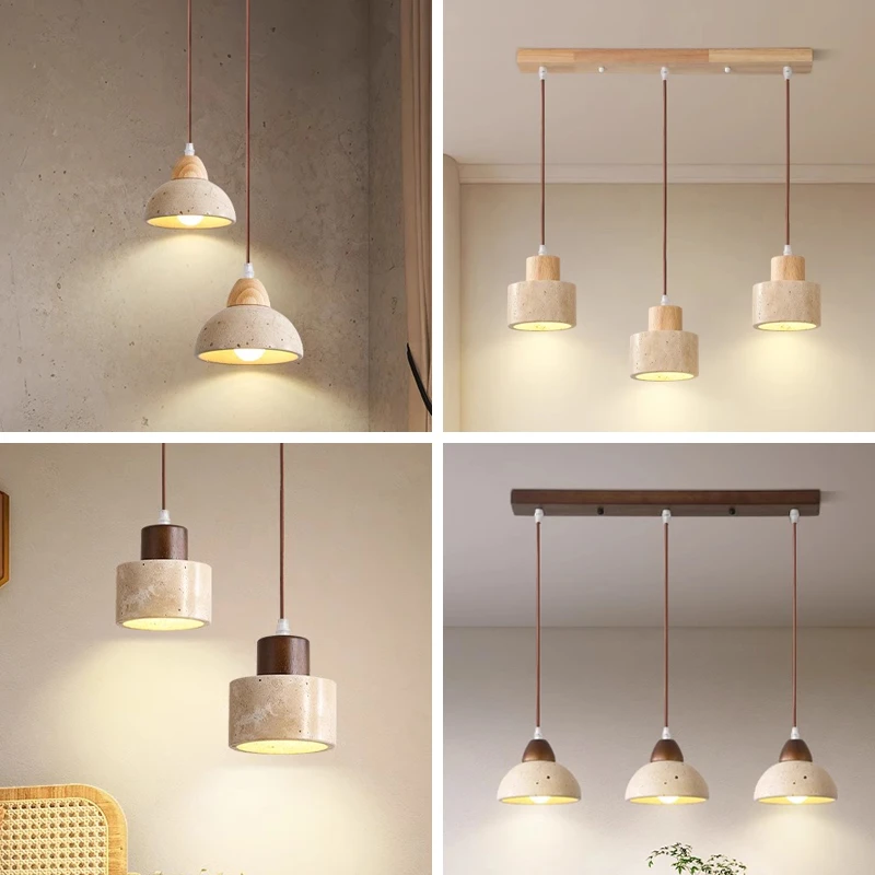 黄洞石原木风侘寂风三头餐厅灯创意奶油风民宿中古卧室床头小吊灯