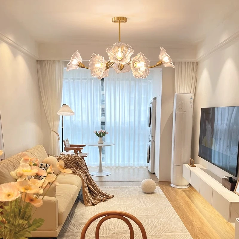 原木风轻奢全铜客厅灯奶油风餐厅卧室灯法式美式花朵房间灯玻璃灯