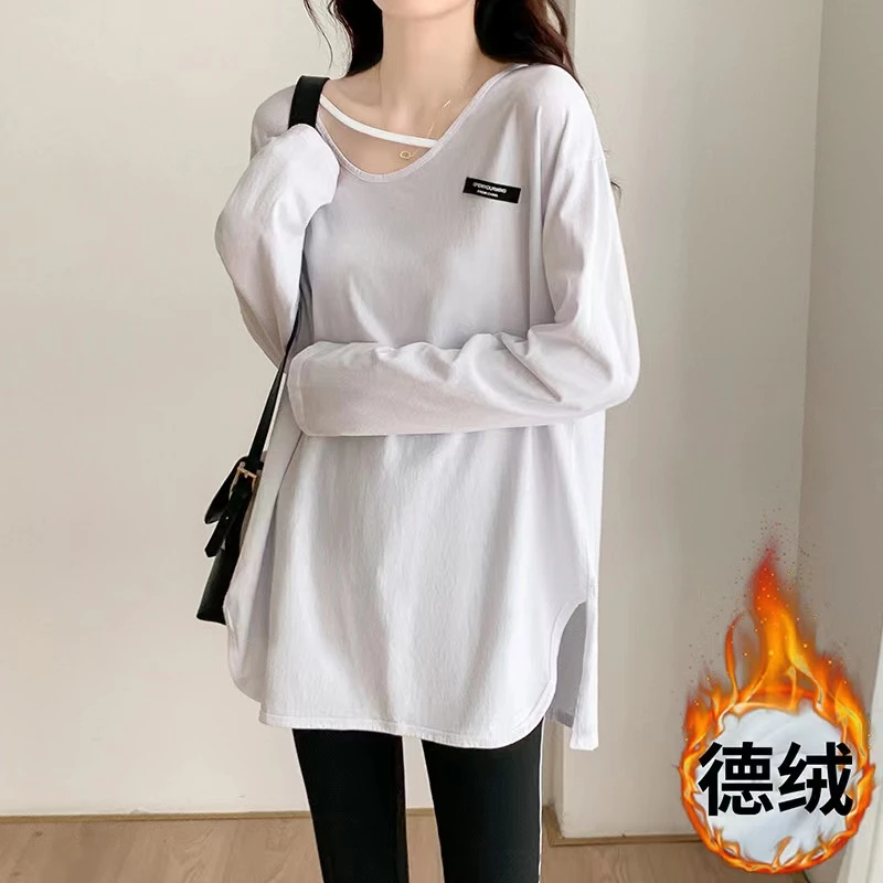 秋冬款软糯德绒白色打底衫女中长款内搭设计感小众长袖T恤大码